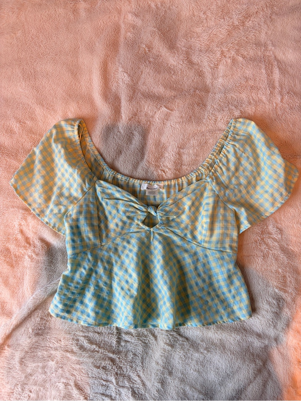 URBAN Romantics Yellow & Blue Gingham Tie-Front Peplum Crop Top